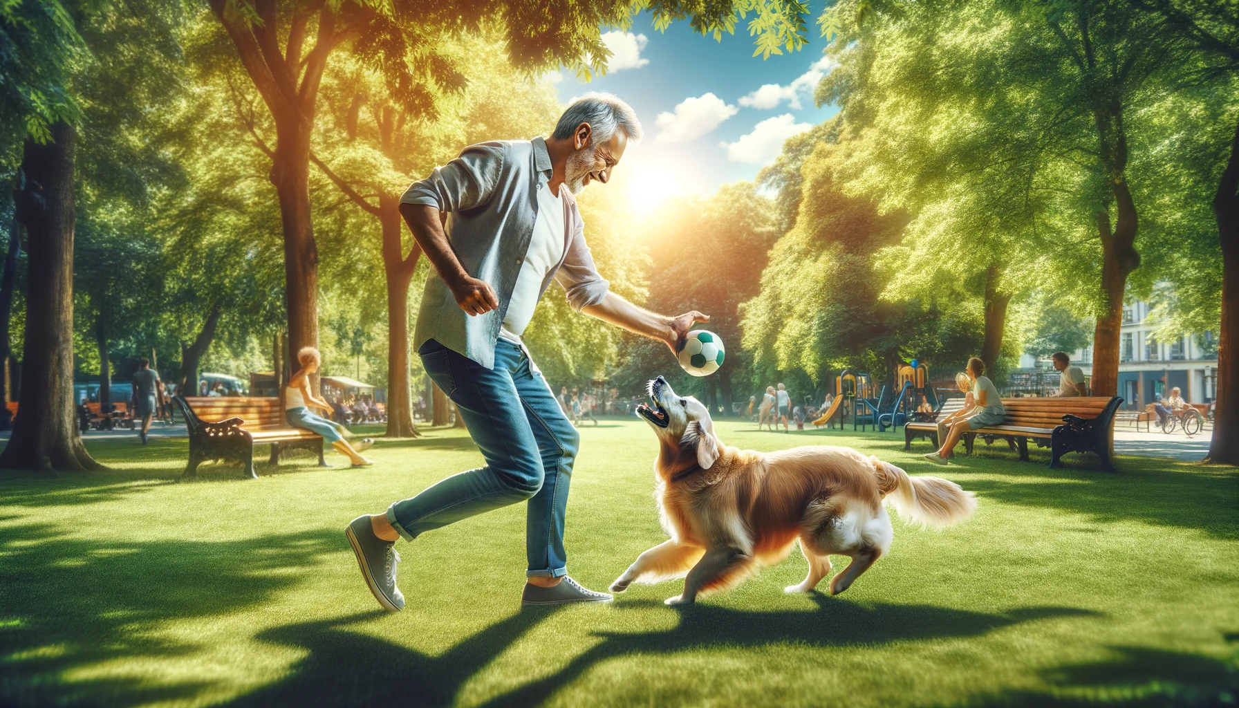 A mature man playing with a Golden Retriever in a public park