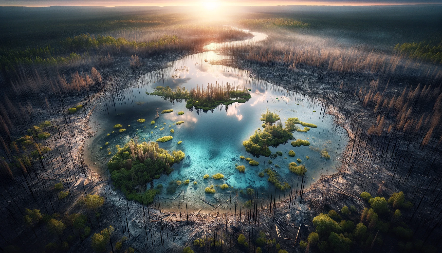 An aerial view of a wetland with still water, surrounded by wildfire damage