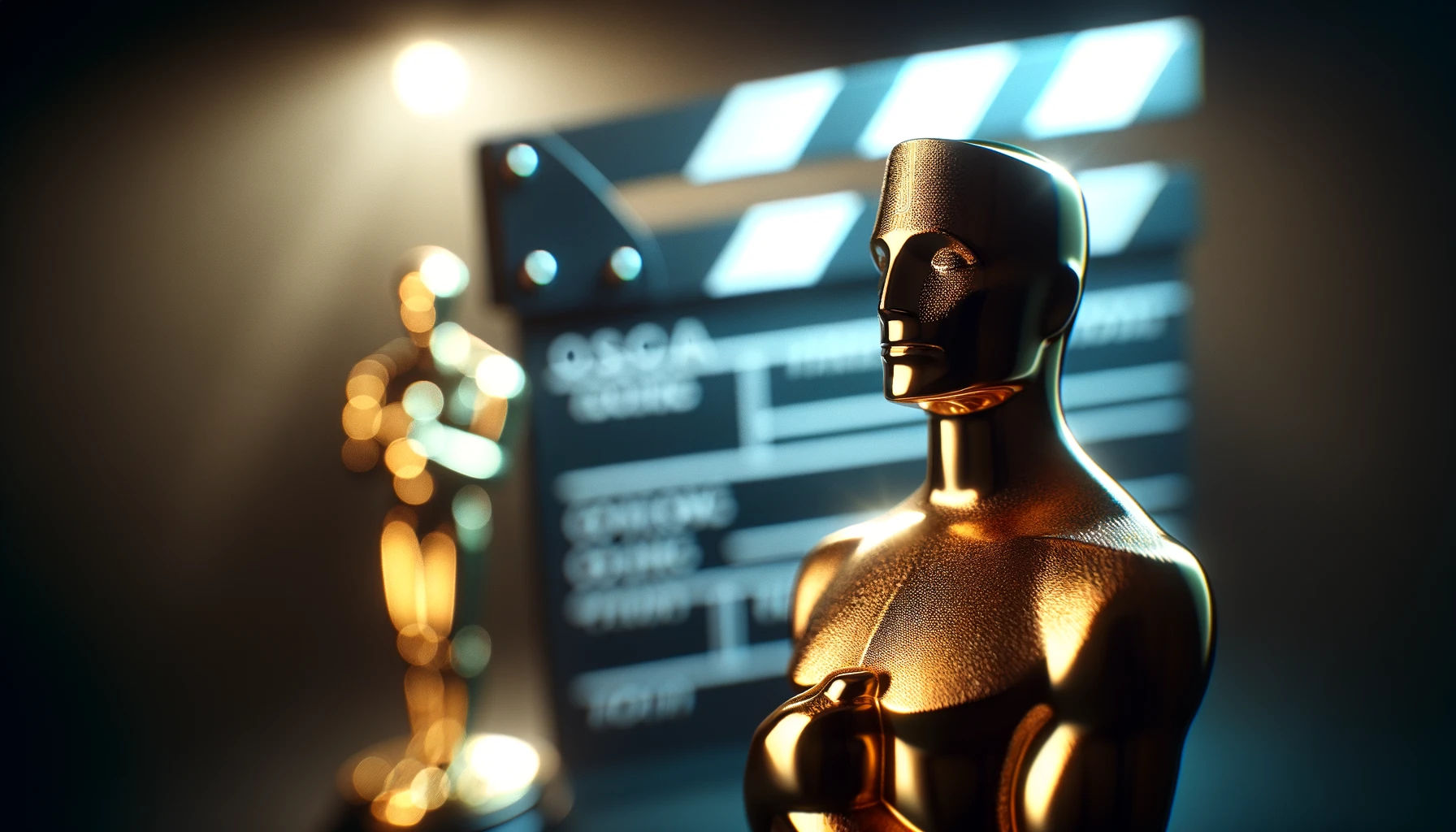 A close-up of a decorative Oscar figure with a blurry film clapper in the background