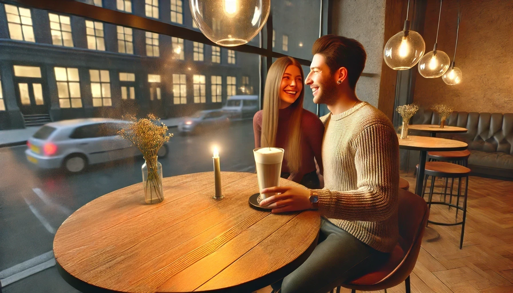 The couple met on a dating app with location tracking feature and now they are on a date at a cozy cafe in the city center. Young people are very passionate about each other.