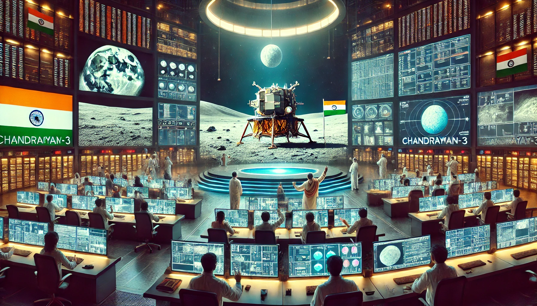 India's Chandrayaan-3 lunar mission control room during the successful landing.