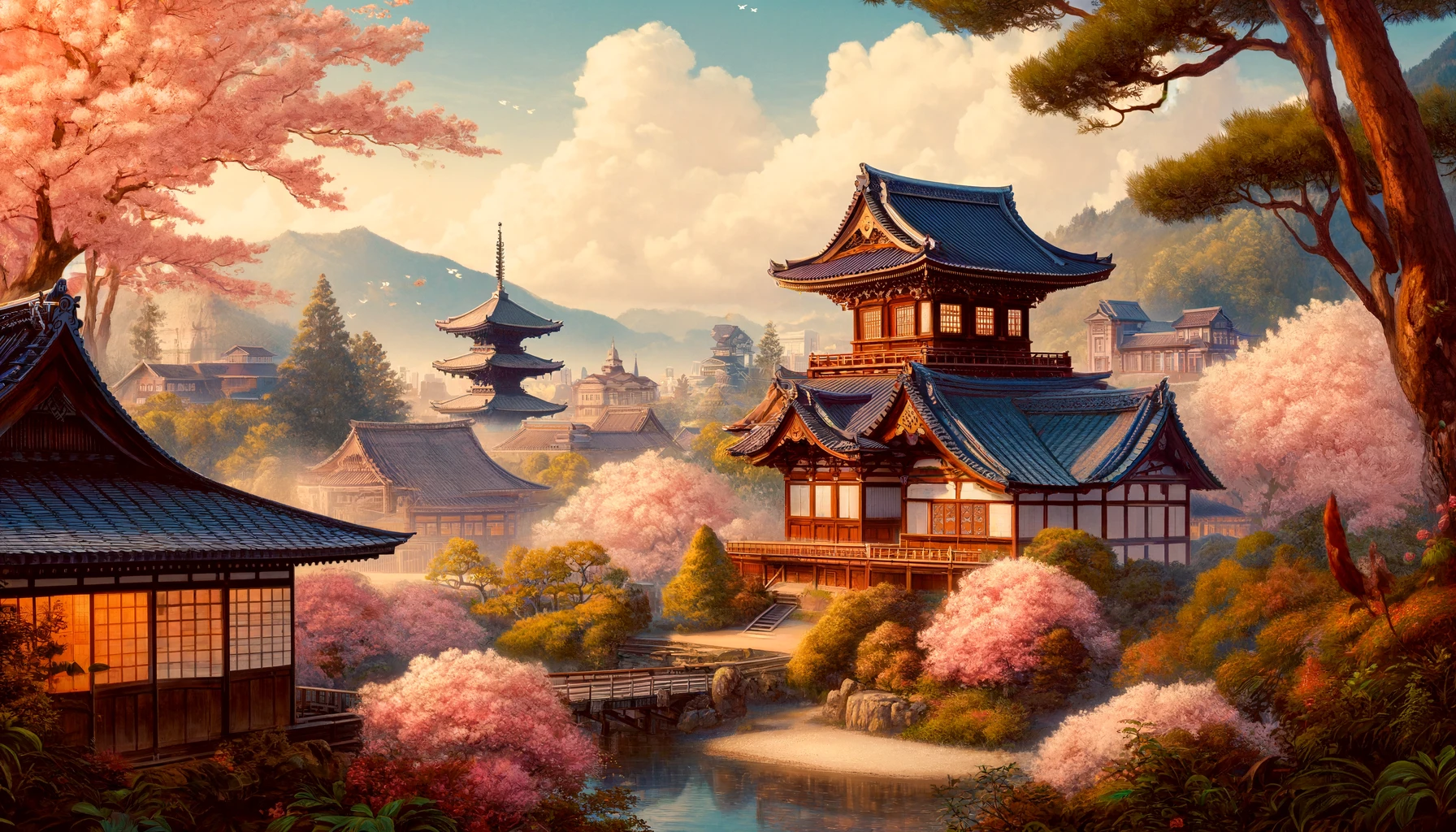 A scenic view of Kyoto, Japan, showcasing its beautiful temples, traditional wooden houses, and lush gardens in springtime with cherry blossoms in full bloom. 