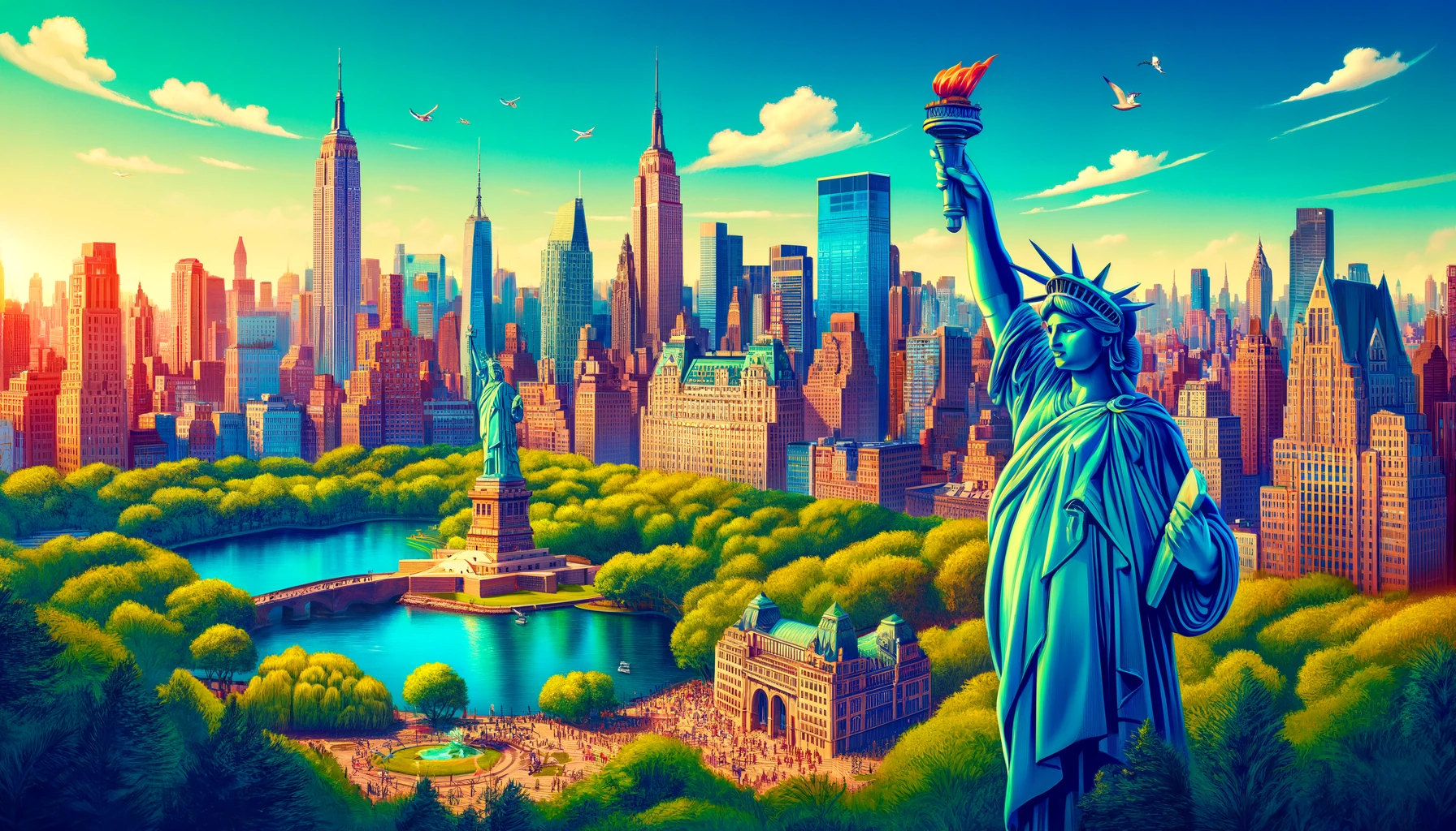 A vibrant view of New York City, USA, showcasing iconic landmarks such as the Statue of Liberty, Central Park, and the Empire State Building.