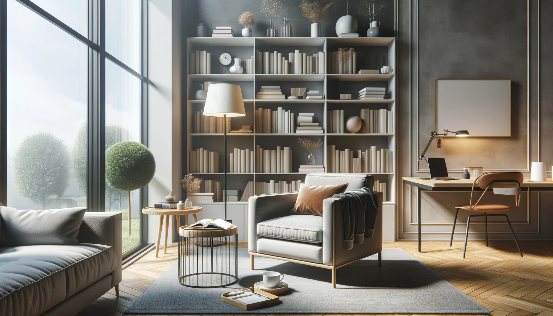 A photorealistic image of a cozy living room designed for productivity.