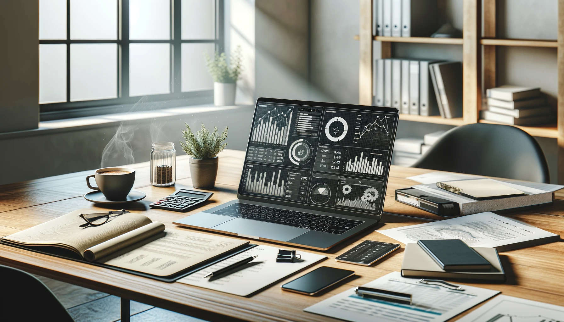 a modern office desk with a focus on financial planning. 