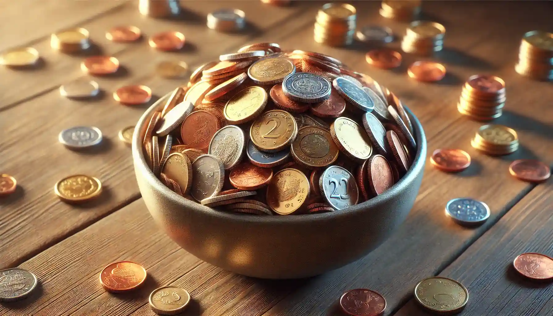 An image of a bowl filled with various gold, silver, and bronze coins, placed on a wooden surface with soft natural lighting and a blurred, warm-toned rustic background.