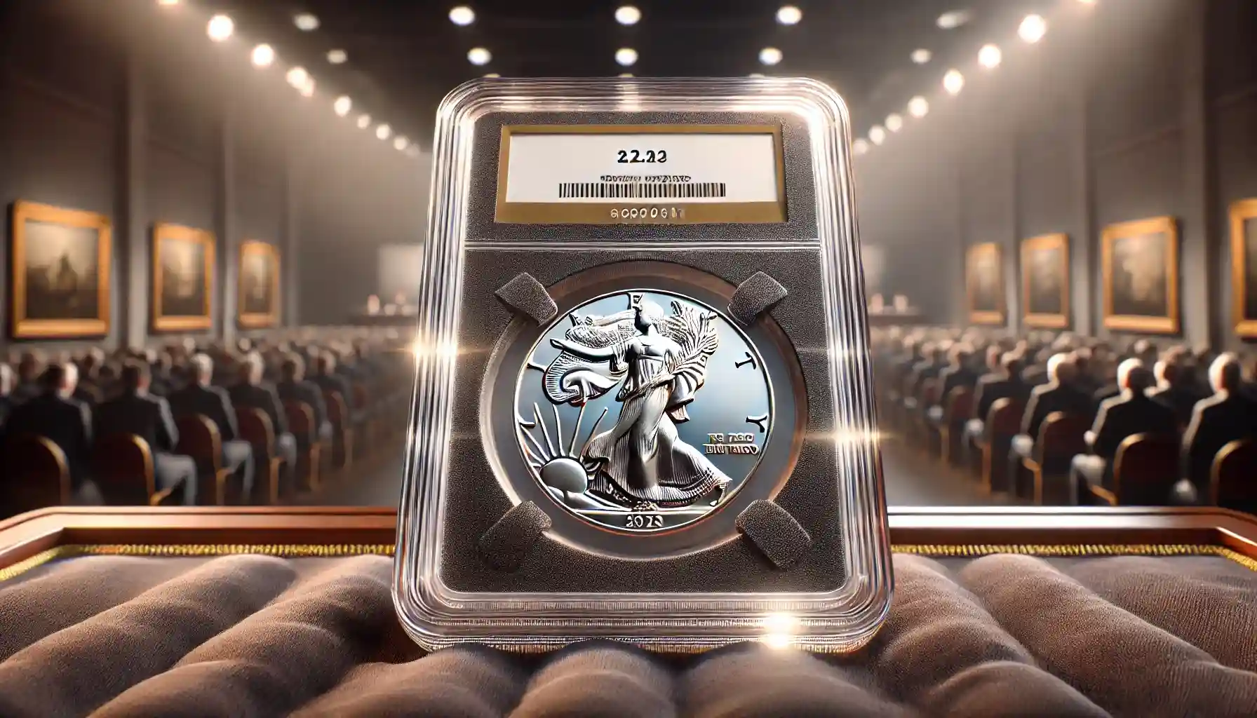 An image of a coin encased in a transparent slab with detailed labeling, displayed on a velvet auction table under soft lighting, with a blurred auction hall in the background.