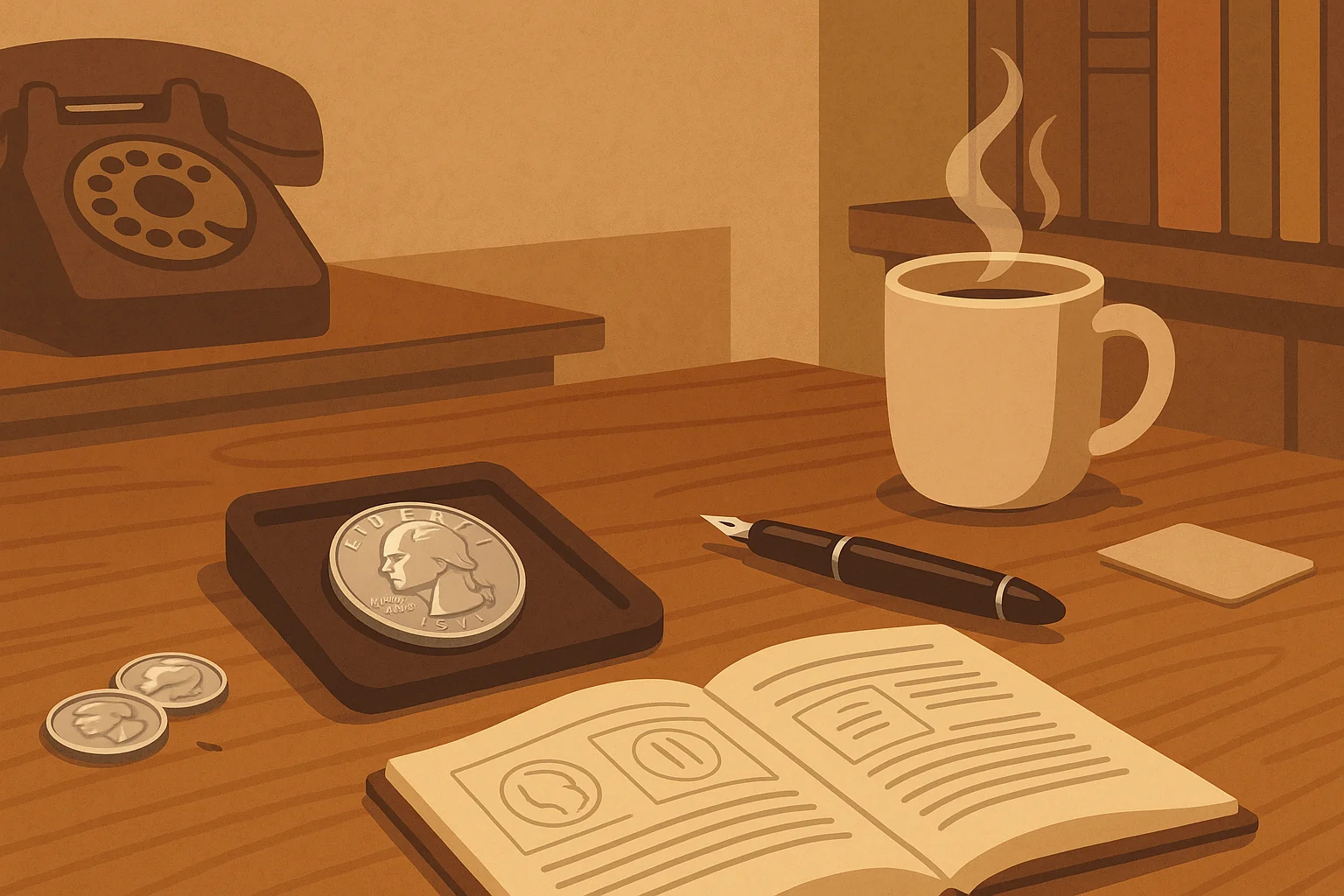 A still life with a 1971 Eisenhower dollar, a mug, and a notebook.