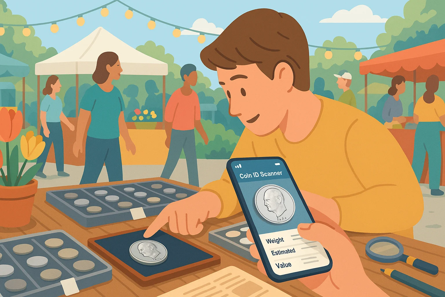 Friends spot a valuable Eisenhower dollar at the flea market.