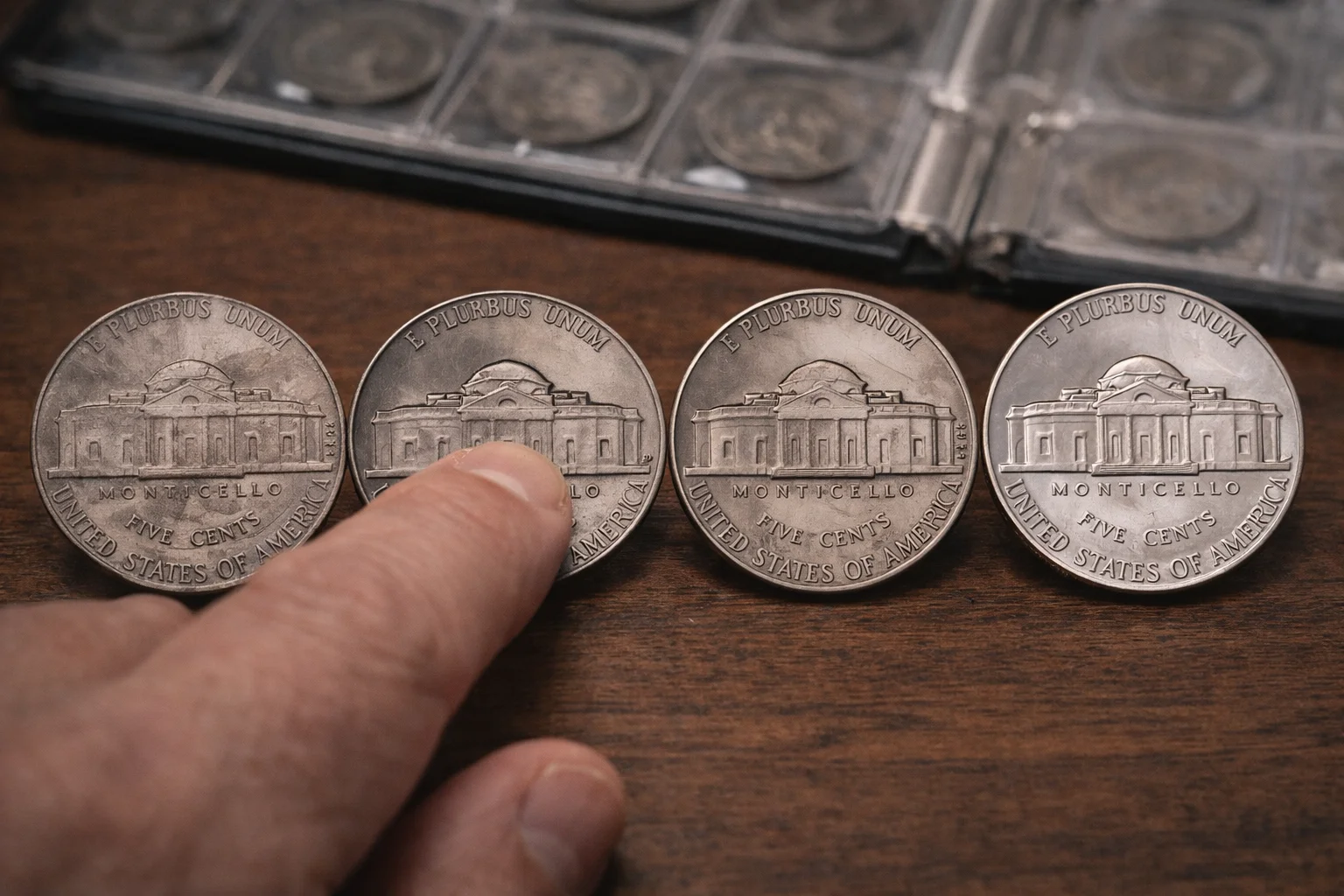 Several 1947 nickels of different conditions are laid out on a wooden table while a hand points to surface details, showing how wear affects design clarity and value.